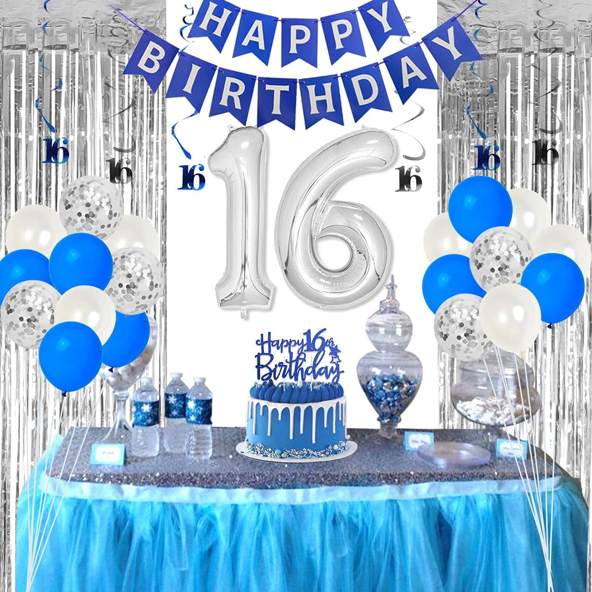 Blue and Silver 16th Birthday Decorations for Boys Girls Sweet Sixteen Birthday Party Supplies