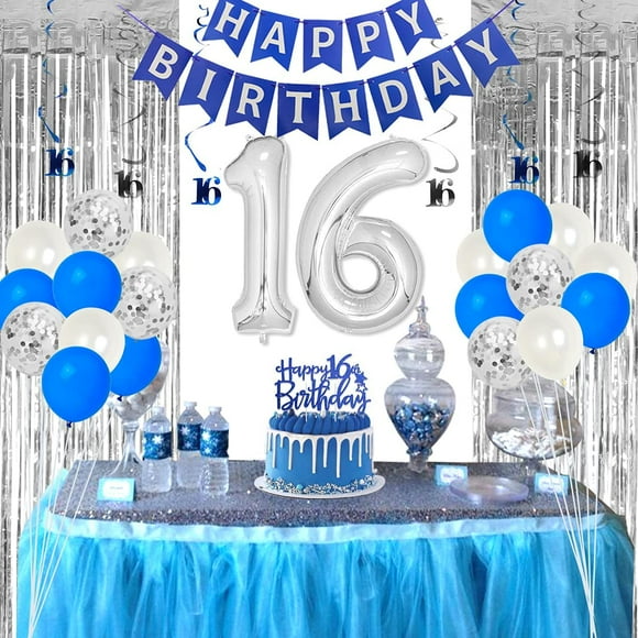 Décorations de 16e Anniversaire Bleues et Argentées pour Garçons Filles Fournitures de Fête d'Anniversaire Sweet Sixteen Bannière d'Anniversaire Bleue Décoration de Gâteau Franges Tourbillons Suspendus