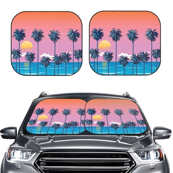 Kdxio Beach With Palm Trees Print 2-Piece Sun Shade Front Windshield - Foldable Car Front Window Sunshades For Most Sedans Suv Truck