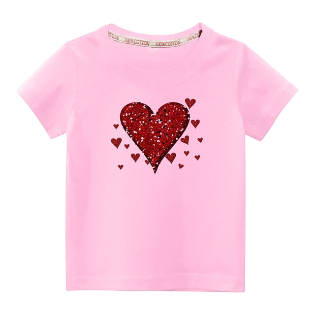Penkiiy T-shirt en Coton pour Tout-Petits Garçons Filles Mode Mignon Col Rond Imprimé Saint-Valentin Manches Courtes 5-6 Ans Rose