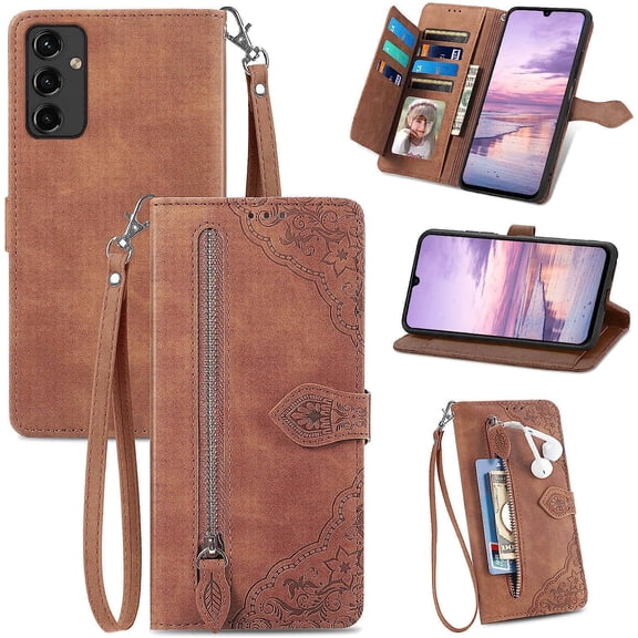 for Samsung Galaxy A14 Case Wallet,Galaxy A14 Wallet Case for Women,Embossed PU Leather Protective Cover Strap Zipper Card Holder Flip Phone Case for Samsung A14 5G(2023) (Brown)