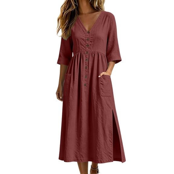 CHGBMOK Cotton Linen Dresses for Women Fall 3/4 Sleeve V Neck Fitted Waist Dress Side Slit Midi Dress with Pockets