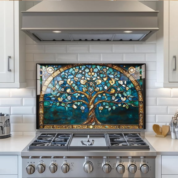 Tree of Life‘’Tempered Glass Backsplash for Kitchen, Frameless, Stove Backsplash Protector for Wall,Easy to Clean, Home Decor (gold, 30"x30")