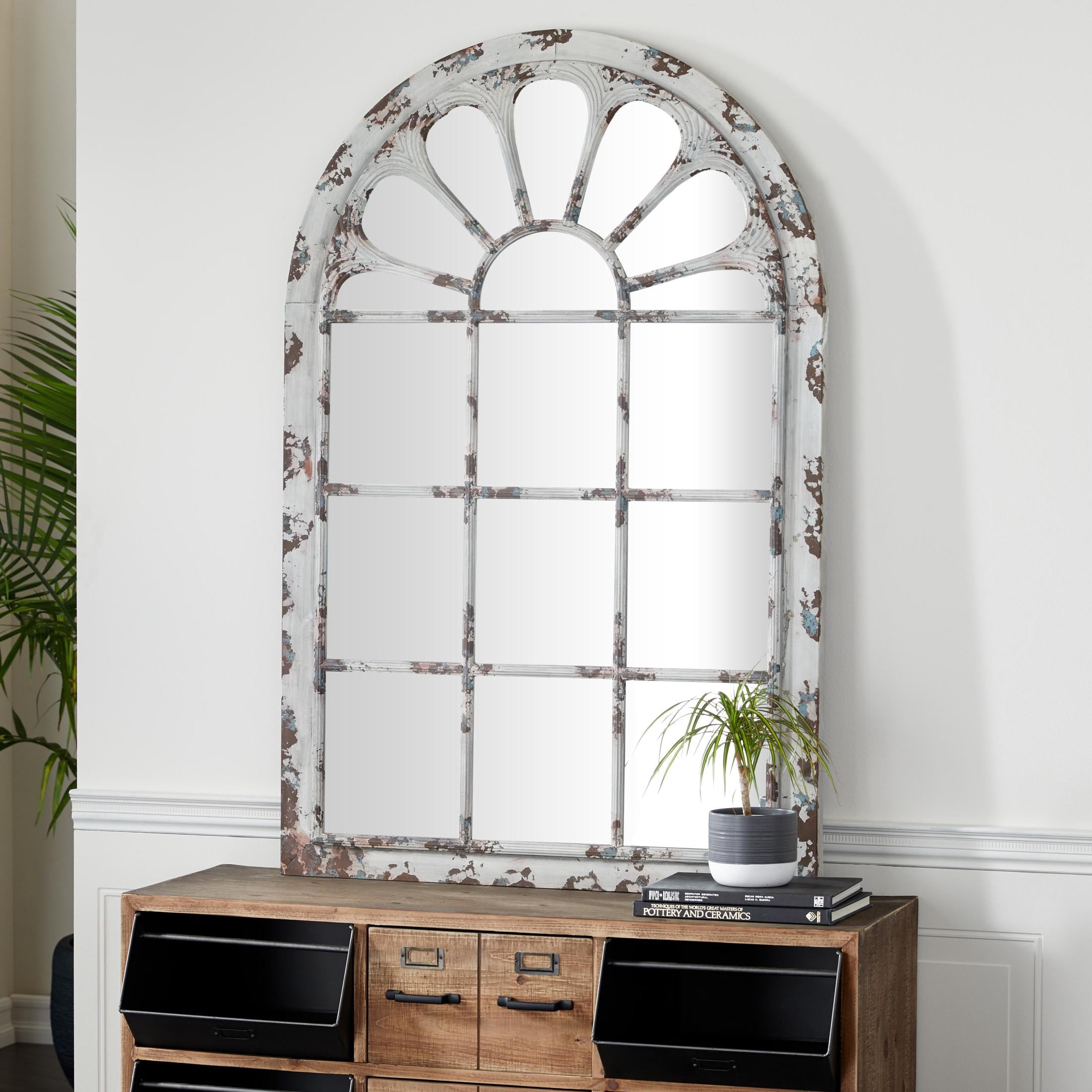 DecMode 34" x 52" White Window Pane Inspired Wall Mirror with Arched Top