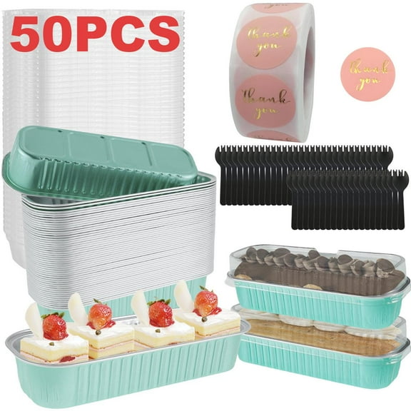 50Pcs Mini Cake Pans with Lids and Spoons 6.8oz Rectangle Aluminum Foil Baking Pans Reusable Mini Loaf Pans