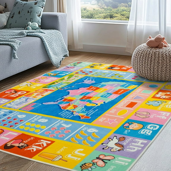 ASPILLOW Educational Kid Area Rug for Playroom,Soft Plush Surface Washable Carpet for Learning ABC Alphabet, Numbers, Season,Shapes,Map,4x5ft