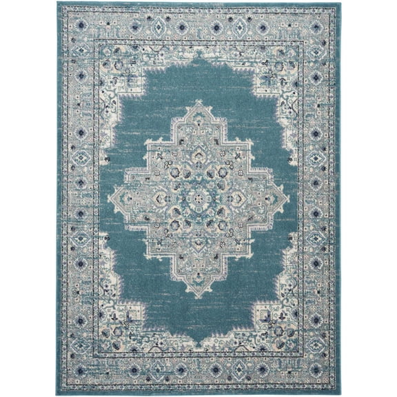 5' x 7' Aqua Floral Power Loom Distressed Area Rug