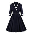 thumbnail image 2 of BadyminCSL Women's Fashion Mid-Sleeve V-Neck Vintage Elegant Solid Belt Party Swing Dress, 2 of 4