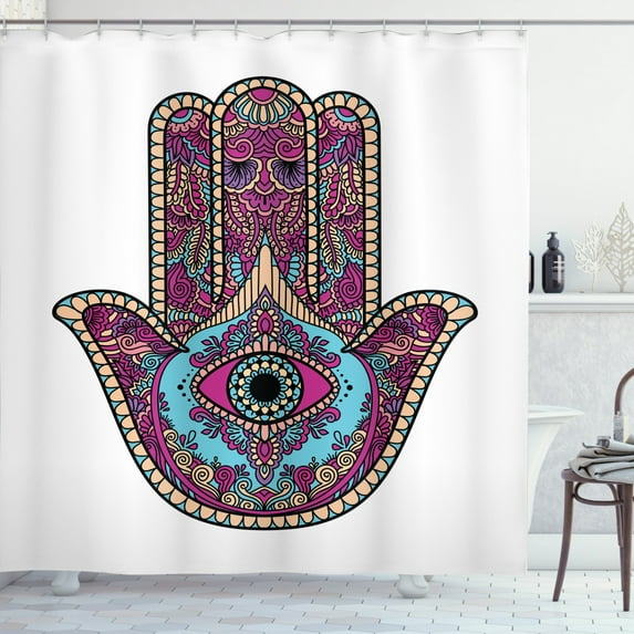 Ambesonne Hamsa Shower Curtain, Doodle Swirls Evil Eye, 69"Wx84"L, Magenta Aqua Peach