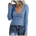thumbnail image 2 of Raeneomay Long Sleeve Shirts for Women V-Neck Solid Color T-Shirt Front Zipper Top Ribbed Knit Slim Top, 2 of 6