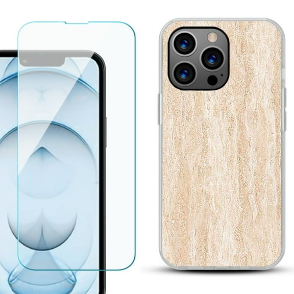 Slim-Fit Gel TPU Phone Case for iPhone 13 Pro Max, with Tempered Glass Screen Protector, by OneToughShield ® - Marble/Coffee Tone