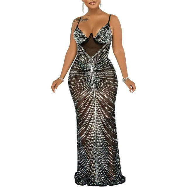 XINQIHANG Robe Moulante Sexy Élégante pour Femmes avec Strass, Robe de Soirée Longue