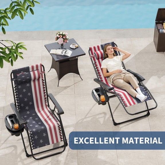 Chair Set of 2. Patio Lounge Chair Outdoor with Pillow & Cup Holder Tray. Adjustable Reclining Chair. Folding Portable Camping Chair for Deck. Beach. Yard. Garden