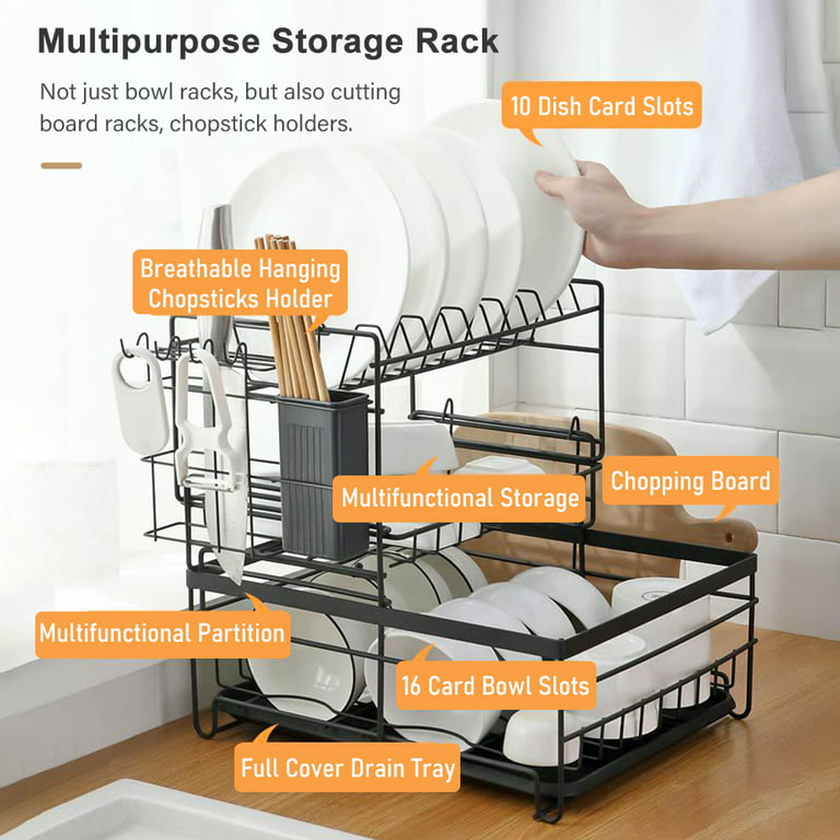 2 Tier Dish Drainer with Drip Tray Dish Drying Rack Chopstick Holder Dish  Rack Cutting Board Holder 360-Degree Retractable Drain