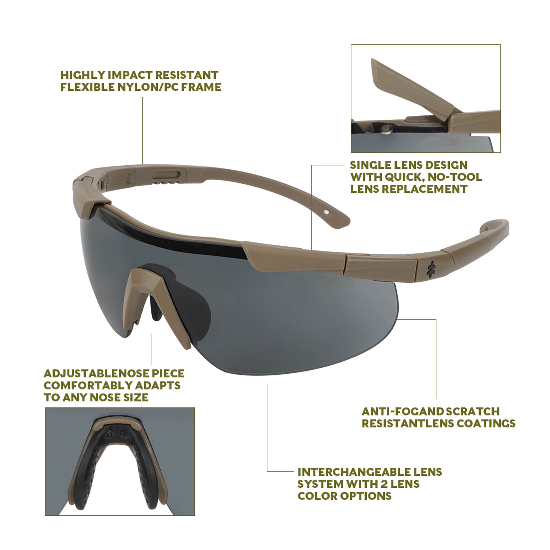 Swiss Tech Augen 4-Lens Premium Sporting Glasses, Anti-Fog, Scratch-Resistant, UV400, FDE