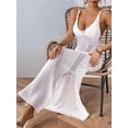 thumbnail image 5 of Womens Crochet Knit Sheer Summer Backless V Neck Side Slit Bathing Suit Cover Up Midi Dress White One Size, 5 of 7