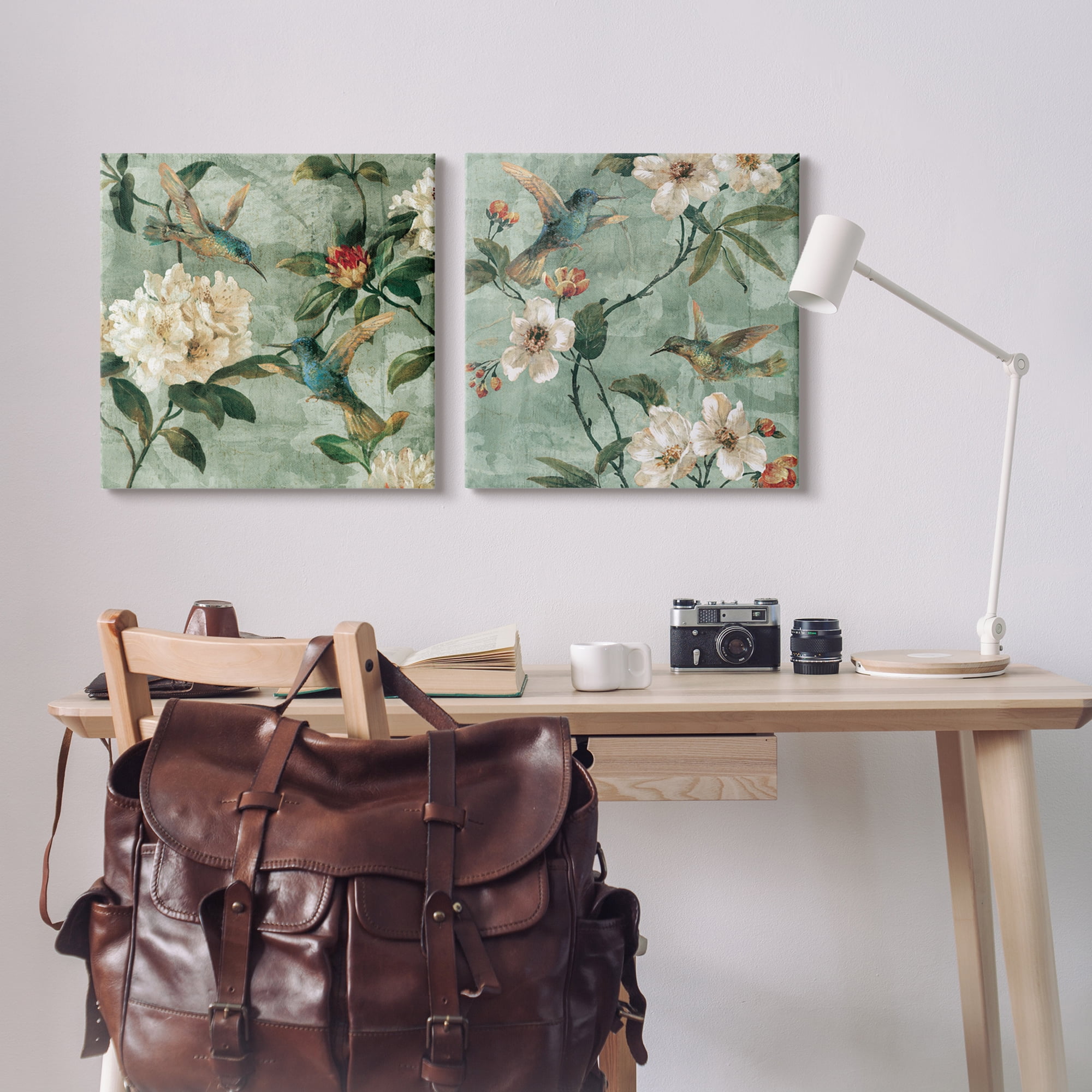 Stupell Industries Hummingbirds & Florals Botanical & Floral Painting Gallery Wrapped Canvas Art Print Wall Art, 24 x 24, Set of 2
