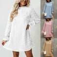 thumbnail image 3 of Women Puff Long Sleeve Ruffle O-Neck for Swiss Dot Casual Loose Chiffon Midi Dre, 3 of 18
