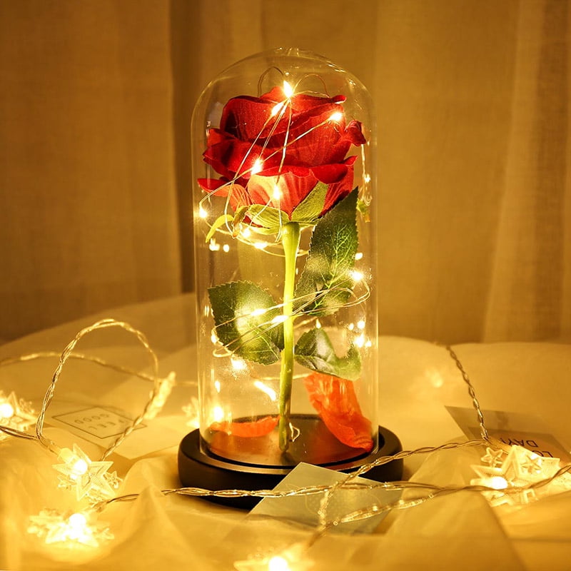 MOREFUN Beauty and The Beast Rose, Enchanted Red Silk Rose with Fallen Petals in Glass Dome, LED Flower Night Motion Lamp Valentine's Rose Light Wedding Day Gift
