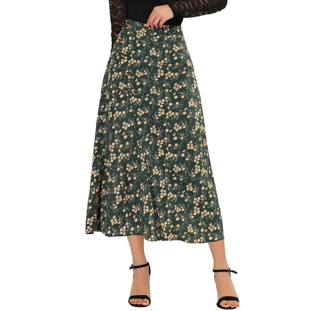 Unique Bargains Women's Floral Print Button Decor A-Line High Waist Slit Maxi Skirt