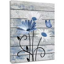 Farmhouse Floral Wall Art for Living Room, Blue and White Daisy Flower and Butterfly on Rustic Wood Board Canvas Wall Art Framed Artwork Ready to Hang for Bathroom Bedroom Decor, 16L X 12W