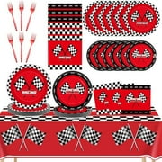98Pcs Racing Car Party Supplies Set - Red Race Car Plates, Napkins, Tablecloths & Dinnerware with Black Checkered Flag for Kids' Birthdays/Shows
