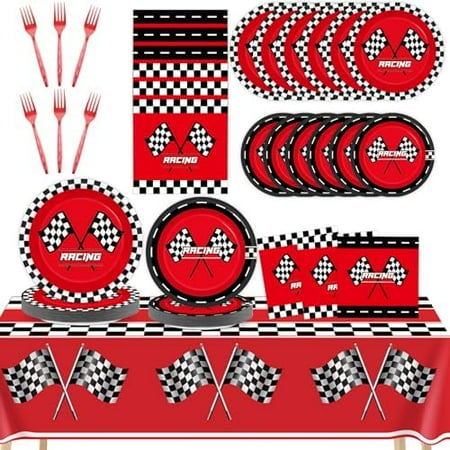 98Pcs Racing Car Party Supplies Set - Red Race Car Plates, Napkins, Tablecloths & Dinnerware with Black Checkered Flag for Kids' Birthdays/Shows