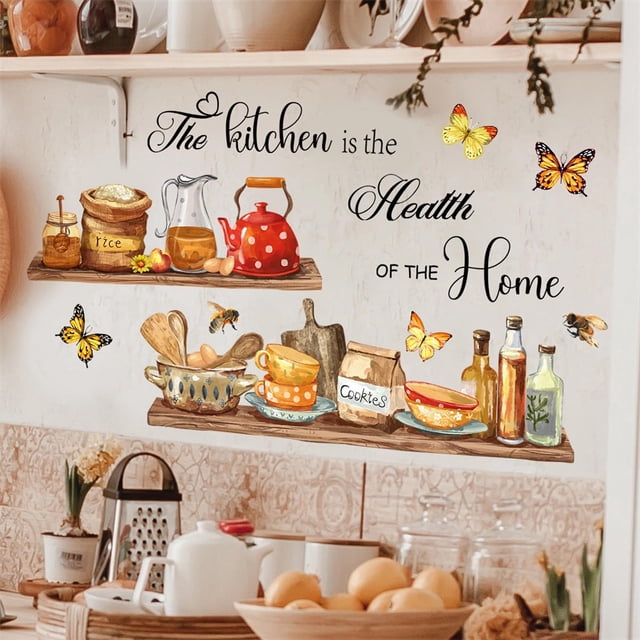 Pegatinas de pared para estante de utensilios de cocina, cuenco, la cocina es el corazón del hogar, mariposa, abeja, calcomanía de pared, cáscara de vinilo extraíble