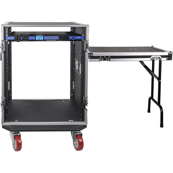 Sound Town PA DJ Combo with 14U Rack/Road ATA Case w/DJ Work Table, One 10 Outlet AC Power Conditioner/Sequencer (STRC-14TPSA28)