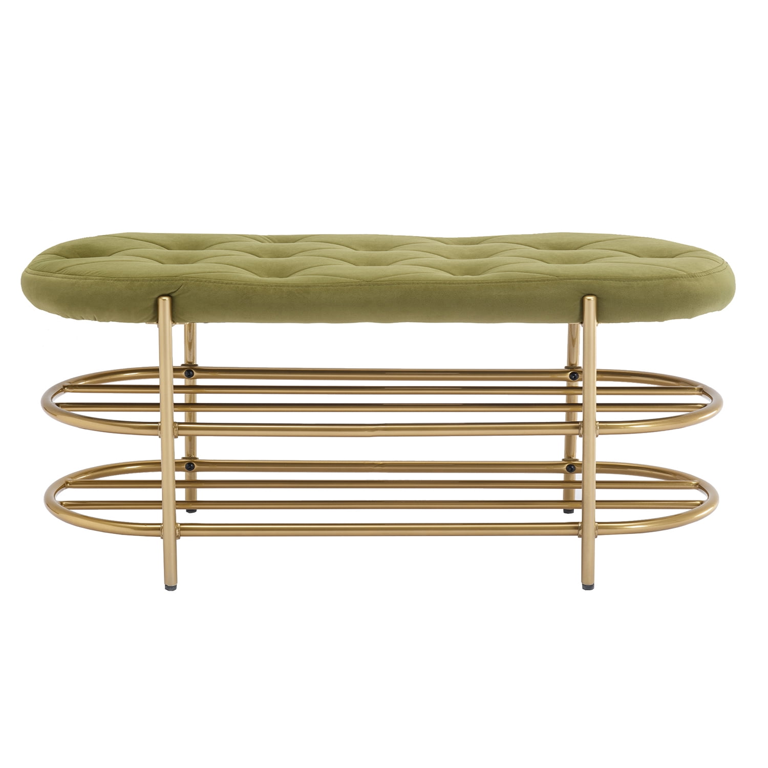 Kadyn Upholstered Velvet Beach, End of Bed Bench with 2 Shelf, Storage Beach for Living Room, Entrance, Olive Green