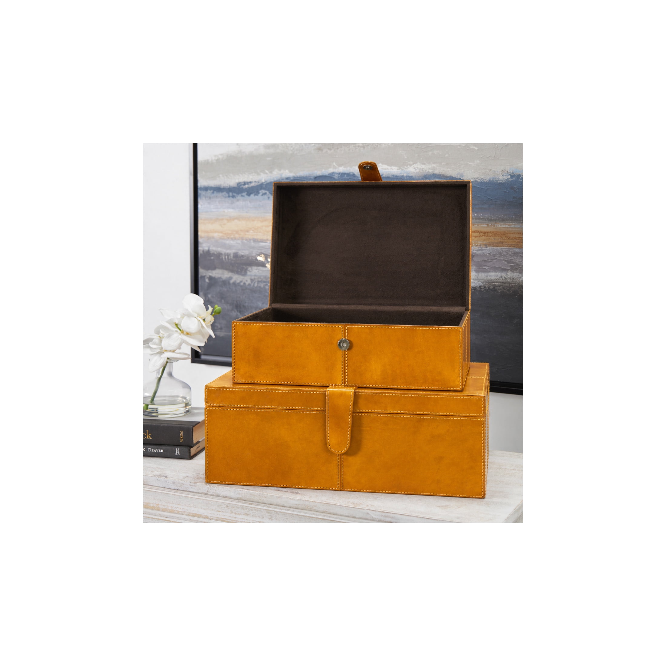 DecMode Handmade Storage Brown Leather Decorative Box with Snap Front Closure and Orange Cognac Hue, 2 Count