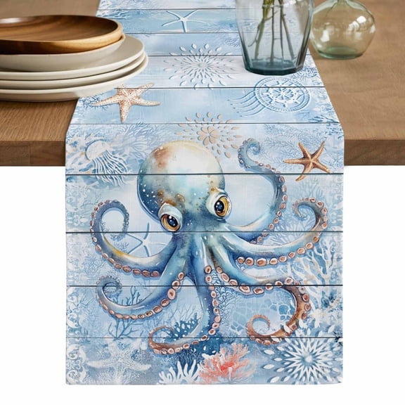 Coastal Octopus Table Runner, Nautical Sea Starfish Coral Wooden Grain Washable Cotton Linen Table Runners 36 Inches Long, Dresser Scarf Runner for Nightstand/End Tables/Round Tables 13''x36''