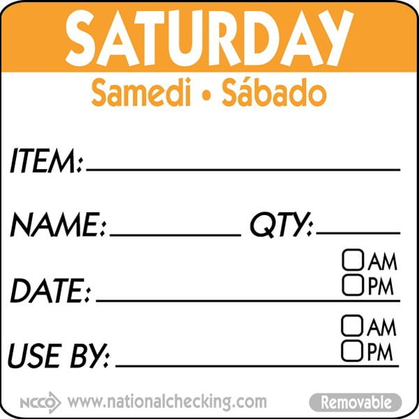 National Checking Company DateIt Square Saturday Samedi Sabado Day of the Week Dissolvable Printed Removable Label Orange | 500/Roll