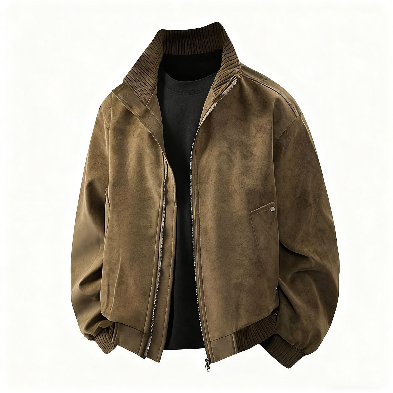 ジャケット・アウター PREMIUM FULLZIP SPORTS LEATHER JACKET Wrtxtat Full Zip Leather Jacket for Men Relaxed Fit Mock Neck