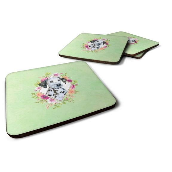 Carolines Treasures CK4296FC Dalmatian Puppy Green Flowers Foam Coaster Set of 4 3 1/2 x 3 1/2 multicolor