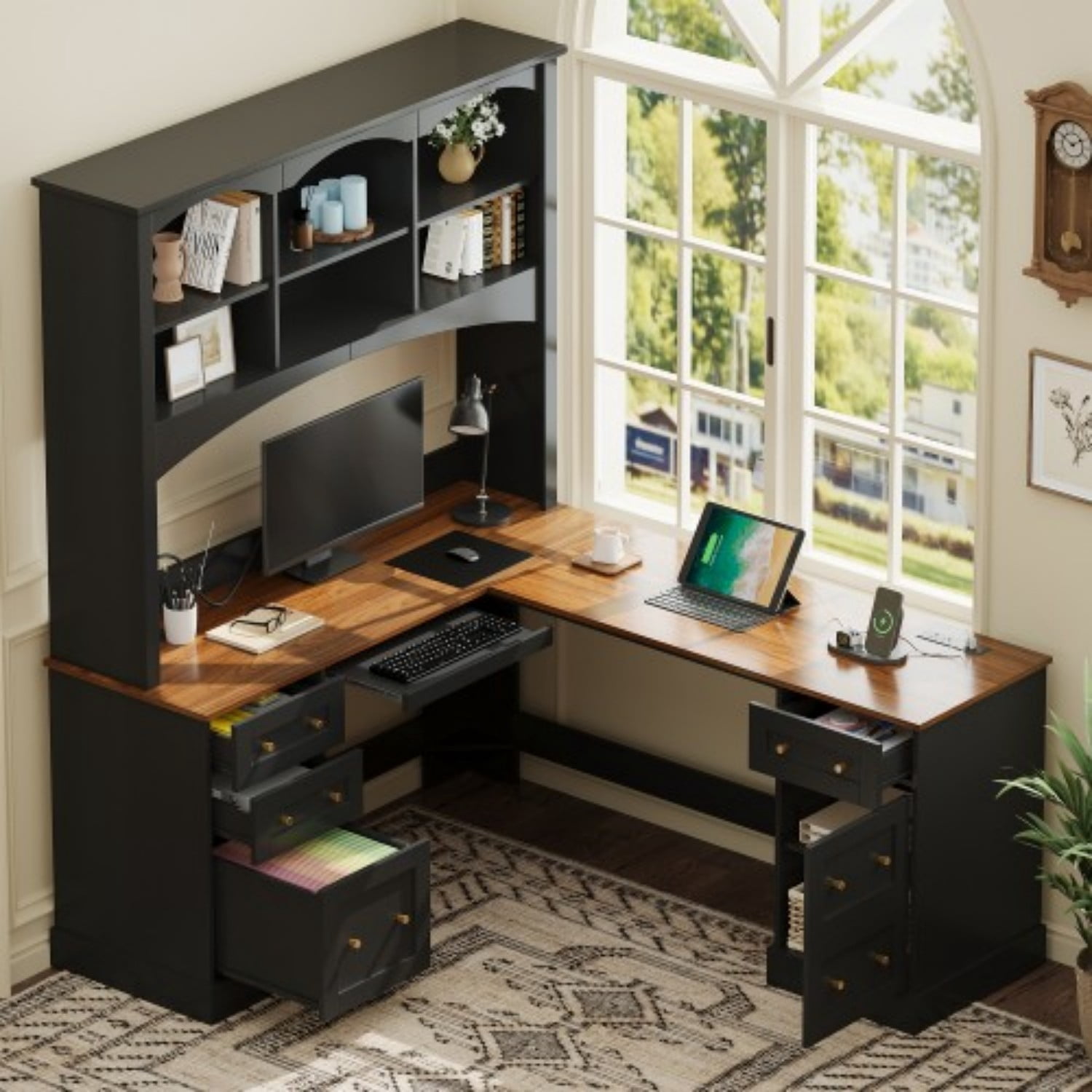 L-Shaped Farmhouse Computer Desk with Hutch, Corner Home Office Desk with File Drawer, Keyboard Tray & Dual Charging Stations, Large Workstation Writing Desk with Storage Cabinets, Black