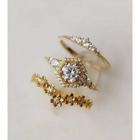 Sparkle Jewels Round Cubic Zirconia Women's Three Piece Bridal Ring Set 14K Yellow Gold Finish