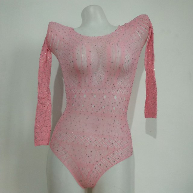 Mono de diamante caliente Lencería sexy de jacquard europeo y americano Mono hueco malla sexy rosa talla única(2 piezas) LingWen 9024715024497