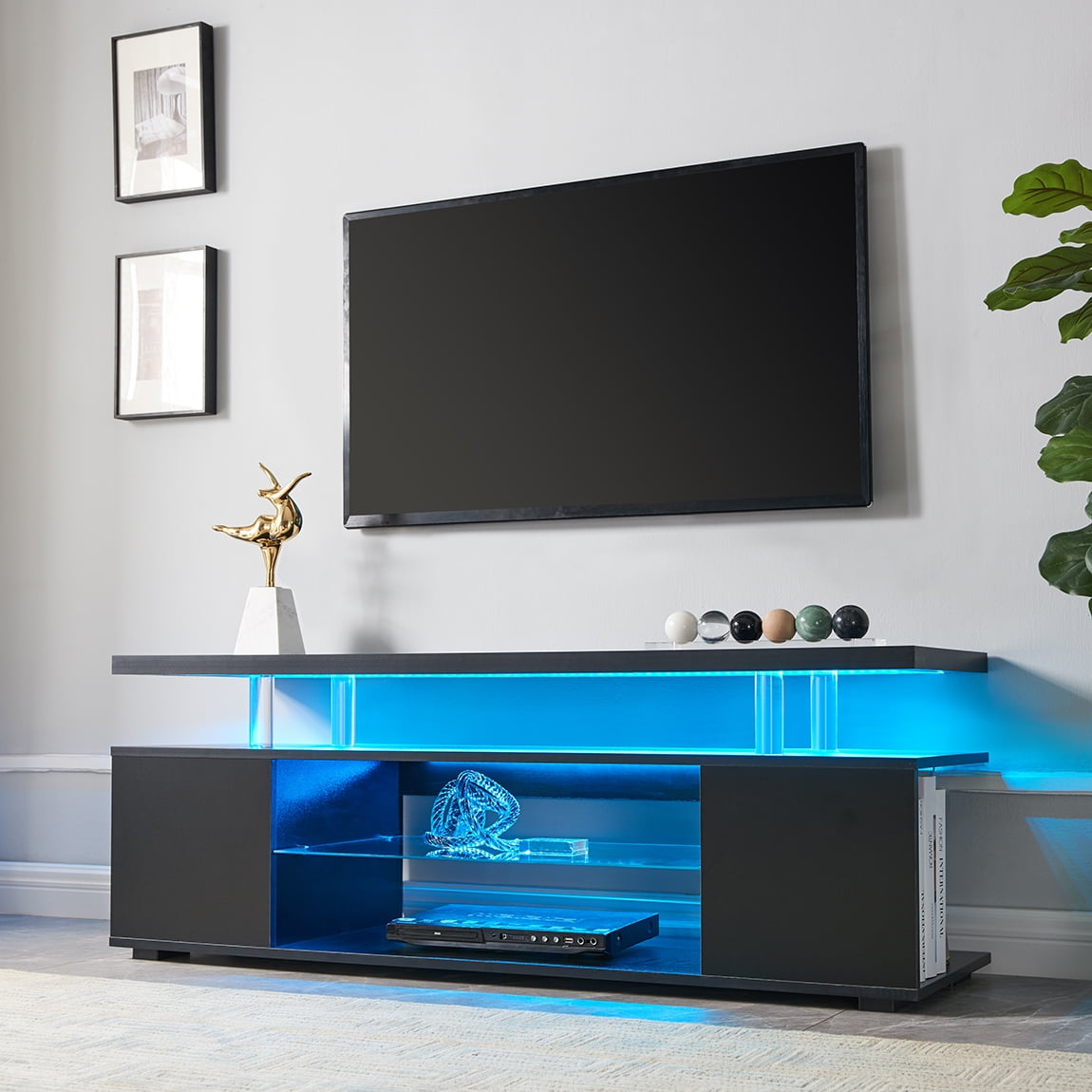 LED Entertainment Center with Glass Shelf，TV Stand for 60 Inch TV