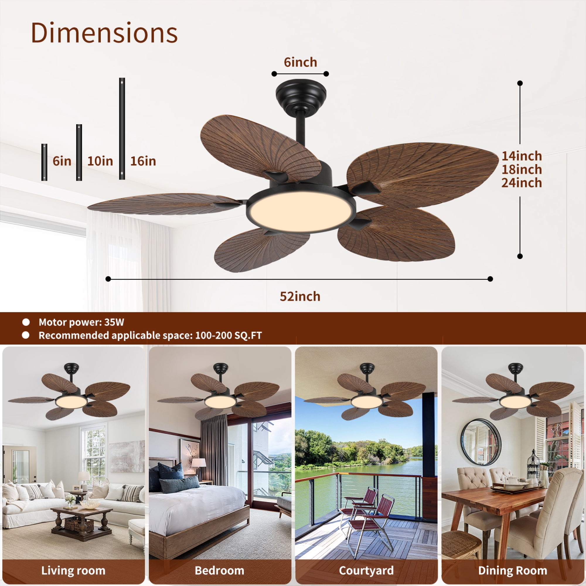 Jopath 52 Inch Tropical Palm Leaf Ceiling Fan with Lights and Remote Control,5 Blades Silent DC Motor for Bedroom Indoor/Outdoor Use Amber