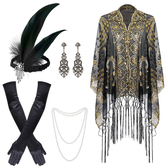 sixwipe 7 Pcs 1920s Flapper Accessories Set for Women, Roaring 20s Accessories with Vintage Dress Shawl, 1920s Women Outfits Costume for Women Cosplay Party Favor Bachelorette Party