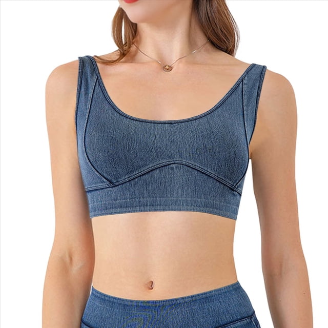Chaleco Vaquero Ajustado y Corto para Mujer, Elástico, con Cuello Redondo, Tipo Jersey, Sujetador Deportivo, Camiseta Sin Mangas Azul Medio M
