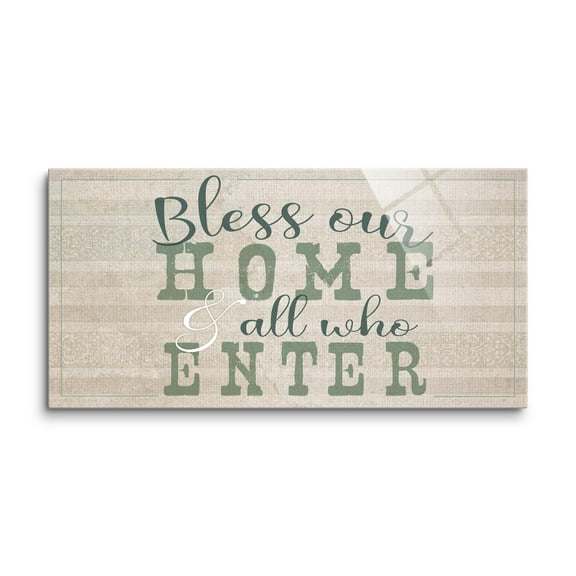 Bless Our Home Ecru Linen Stripe Green 16 x 8 Glass Wall Hanging Sign