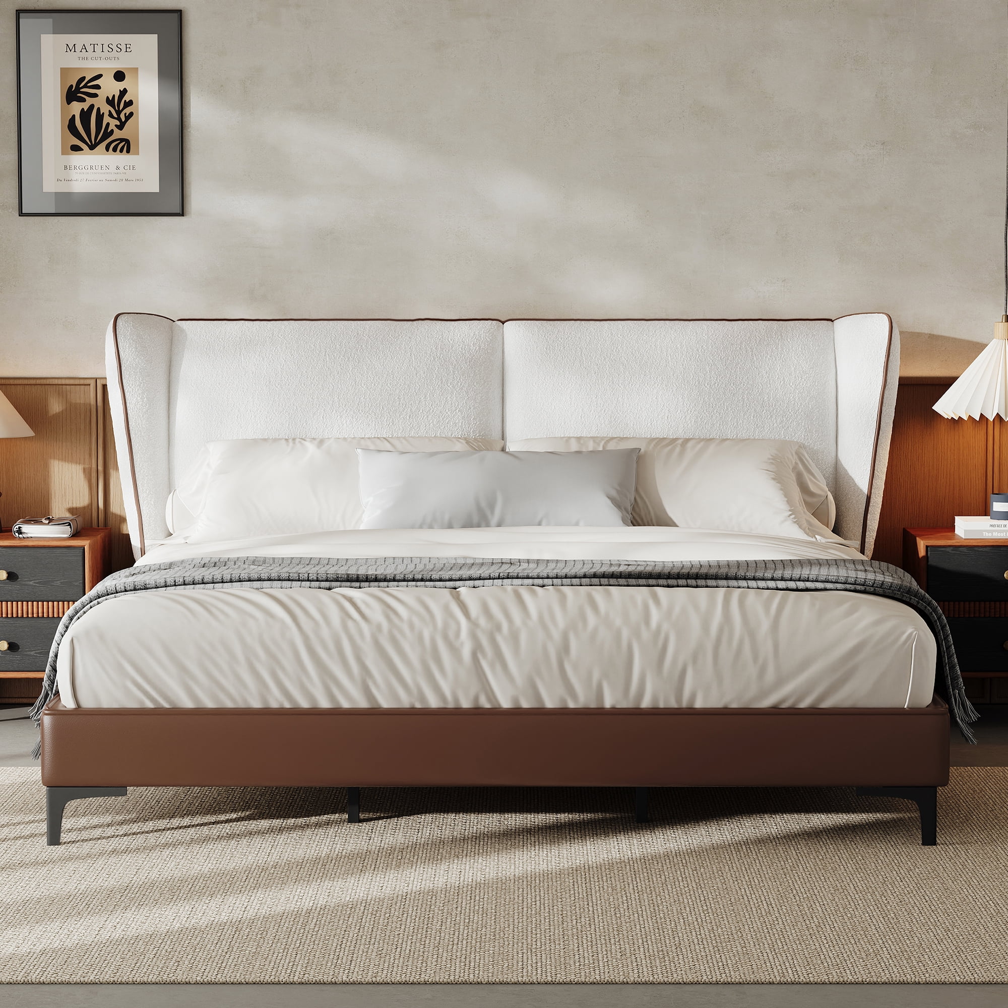 Noble House Teddy Fleece Upholstered Platform King Bed with Wingback Headboard, No Box Spring Needed,White