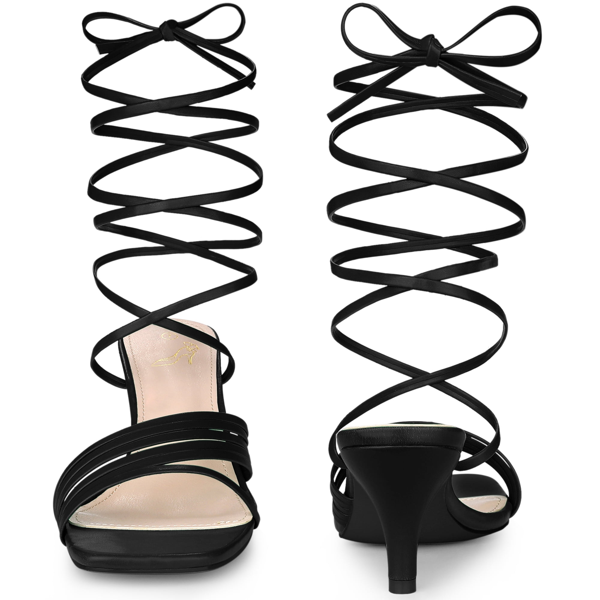 Unique Bargains Women's Square Toe Strappy Lace Up Kitten Heels Sandals