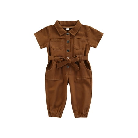 

Sprifallbaby Girl’s Lapel Pocket Single-breasted Jumpsuit Short Sleeve Solid Color One Piece Long Casual Pants 1-5T