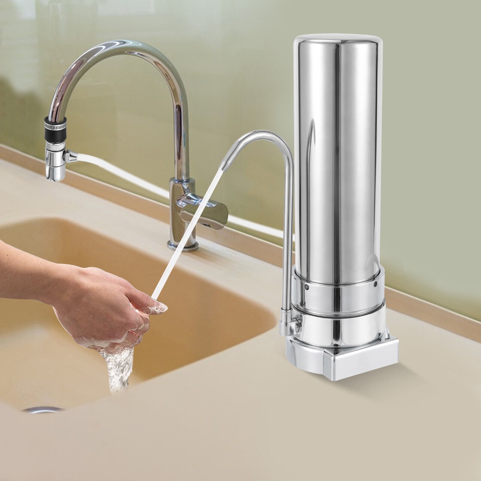 Portable Stainless Steel Countertop Water Filter System, Tap Water Purifier with Rotatable Spout, for Home Office Drinking Use