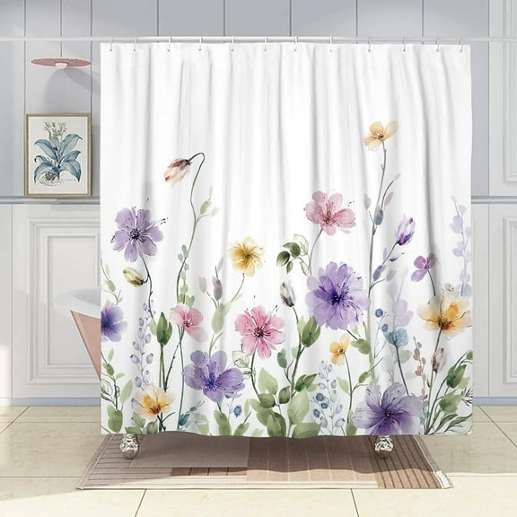 Watercolor Floral Shower Curtain Set, Pink Purple Flower Shower Curtains for Bathroom Colorful Wildflower Bathroom Decor Polyester Fabric-72" x 72"