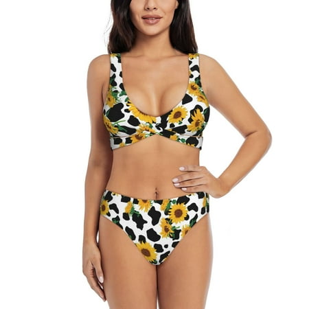 Zeuib Cute Cow Print Sunflower A High Waisted Tummy Control Bikini Set - Knot Front Push Up Top & Cheeky Thong Bottom  Two-Piece Swimsuit for Women-Medium