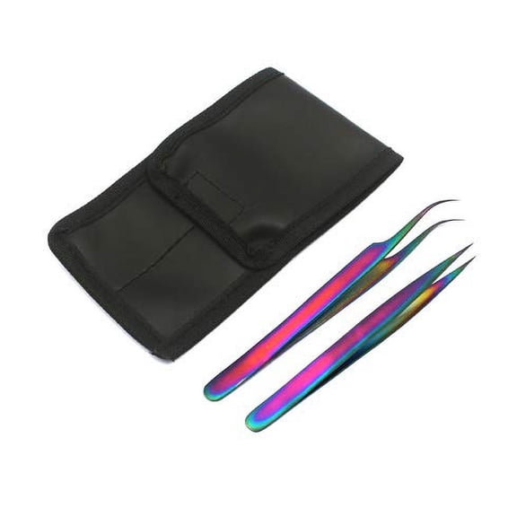 OdontoMed2011® Set Of 2 Stainless Steel Multi Titanium Rainbow Color 3d Eyelash Extension Tweezers Straight   Strong Curved Fine Point Jewelry-making, Laboratory Work